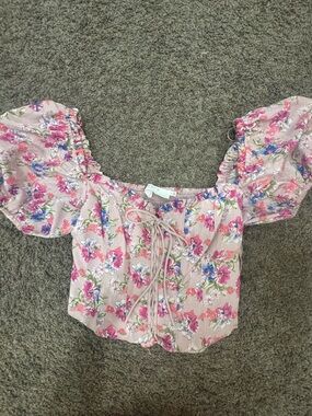 Astr Pink Floral Lace-Up Puff Sleeve Crop Top sz S